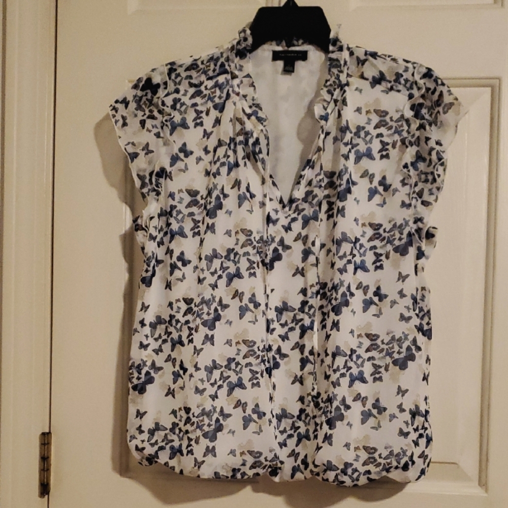 Women's Blue and White Butterfly Print Top